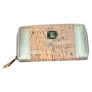 Lauren Ralph Lauren Cork & Gold Zip-Around Wallet With Metal Logo Plaque